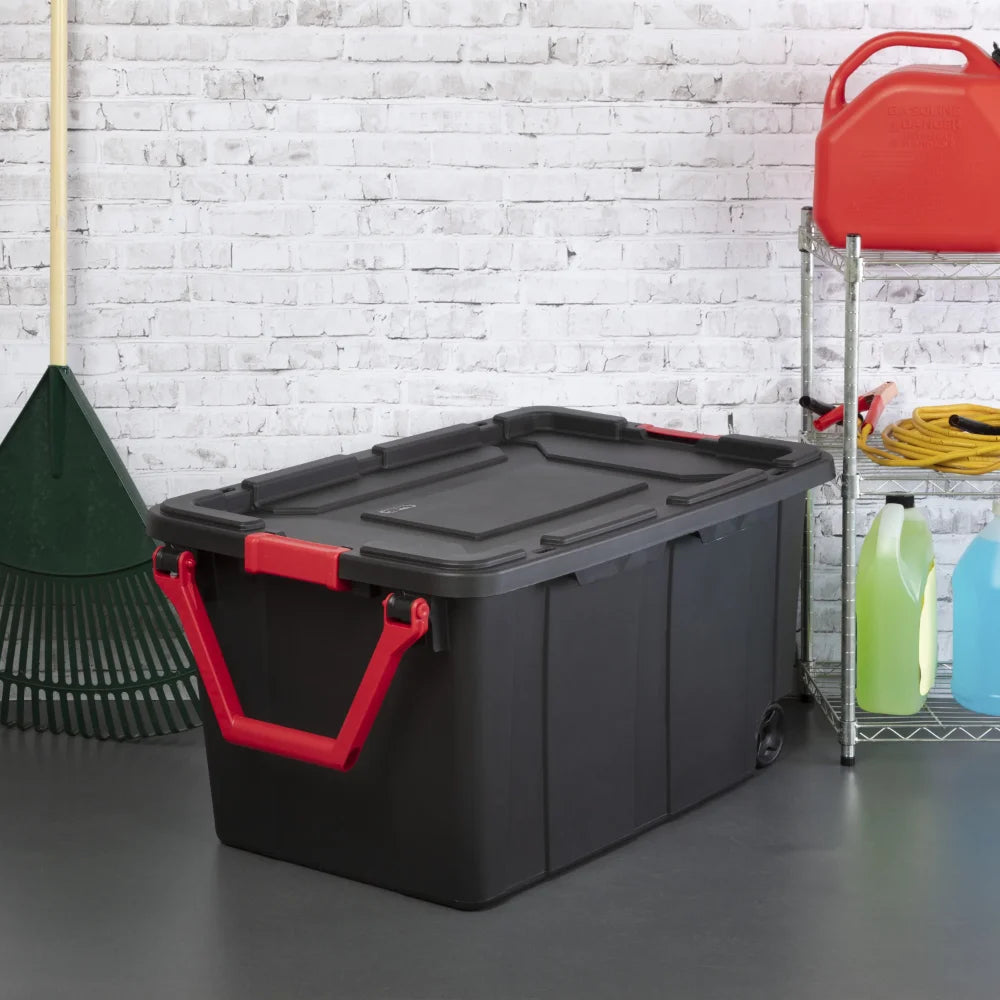 40 Gallon Wheeled Industrial Tote Plastic, Black, Set of 2 Storage Boxes