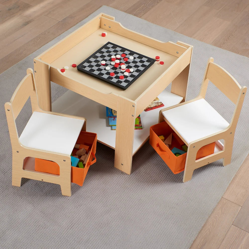 Kids Wooden Storage Table and Chairs Set, 3 Piece