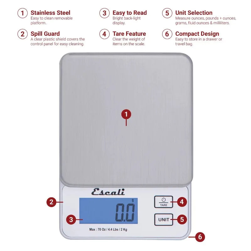 Escali Vera PR2000S Compact High Precision Kitchen/Baking/Herb Scale, LCD Digital Display, 4.4lb Capacy, Silver