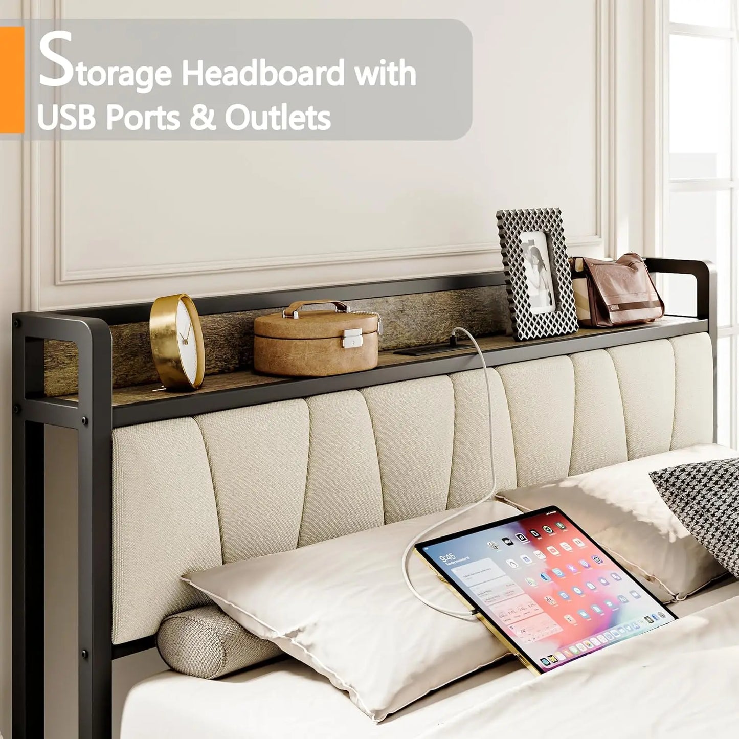 King Bed Frame, Storage Headboard with Charging Station
