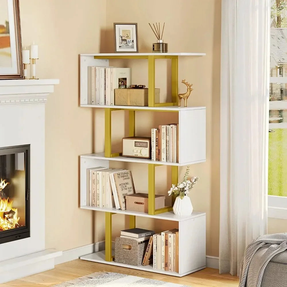 5-Tier Bookshelves and Bookcase, Z-Shelf Modern Freestanding Decorative Storage Shelves for Bedroom Living Room Home Office, Gold