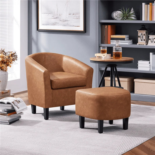 Barrel Accent Chair with Ottoman Living Room Chairs, Brown Faux Leather