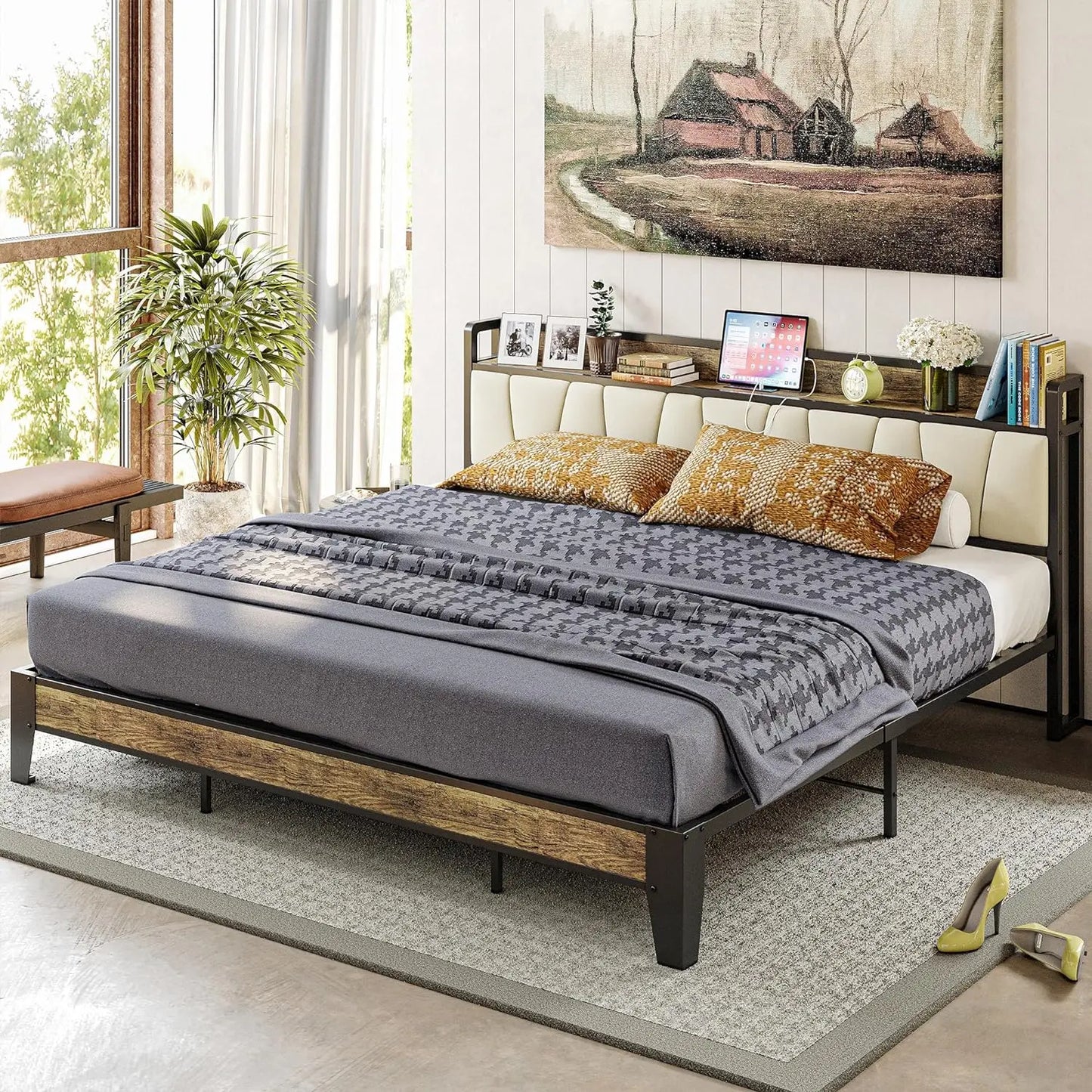 King Bed Frame, Storage Headboard with Charging Station