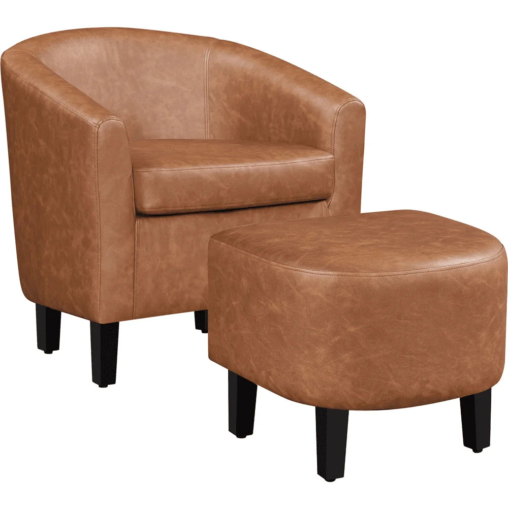 Barrel Accent Chair with Ottoman Living Room Chairs, Brown Faux Leather