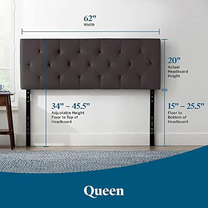 Queen Headboard - Diamond Tufted - Adjustable Height from 34” to 46” - Bed Frame or Wall