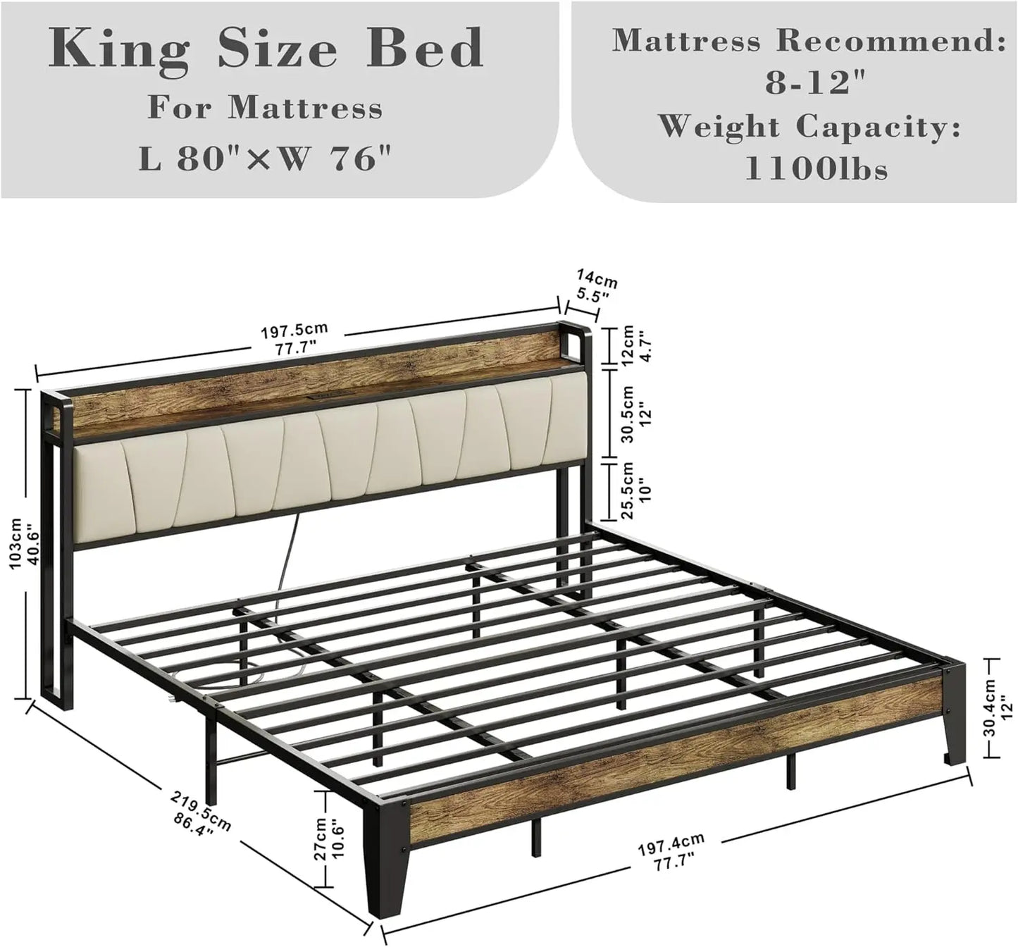 King Bed Frame, Storage Headboard with Charging Station