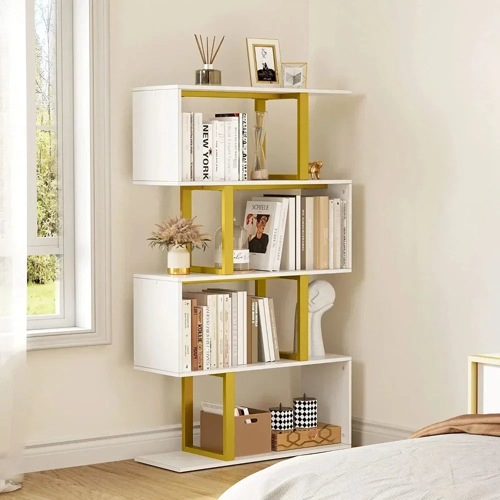 5-Tier Bookshelves and Bookcase, Z-Shelf Modern Freestanding Decorative Storage Shelves for Bedroom Living Room Home Office, Gold