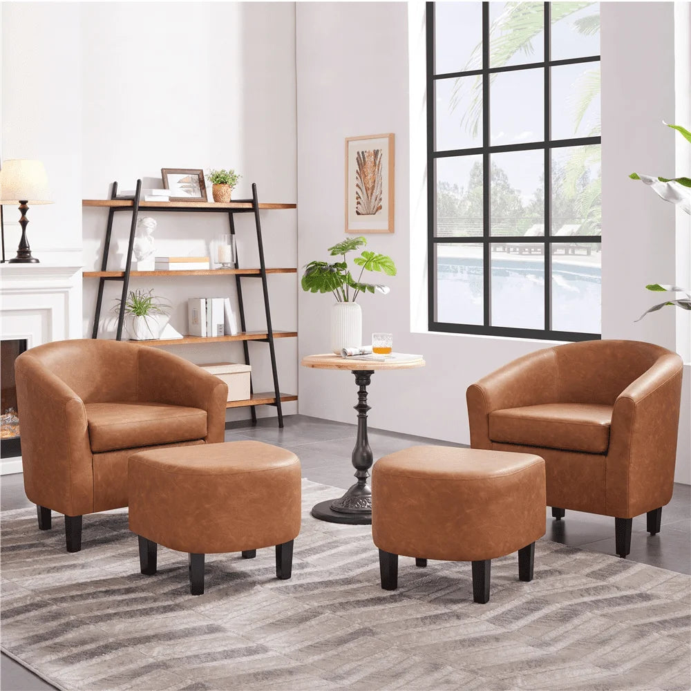 Barrel Accent Chair with Ottoman Living Room Chairs, Brown Faux Leather
