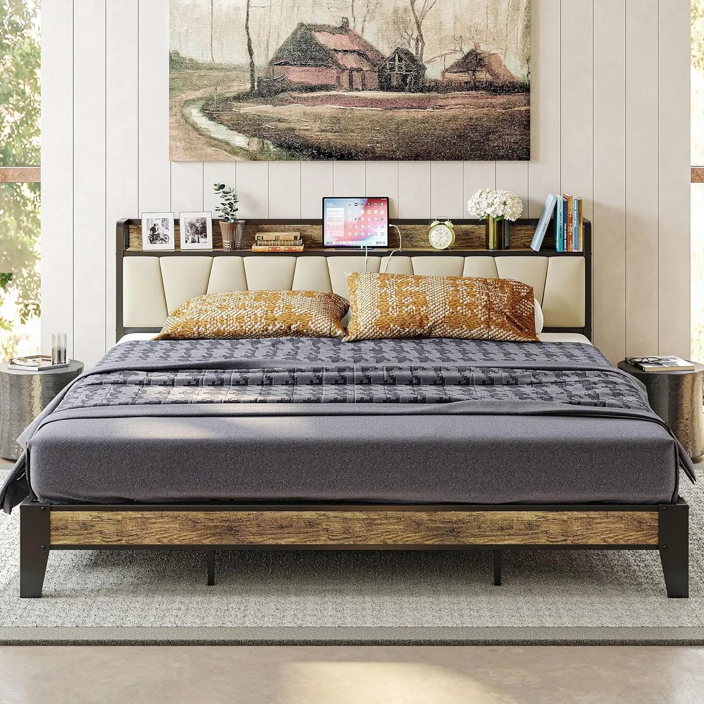 King Bed Frame, Storage Headboard with Charging Station