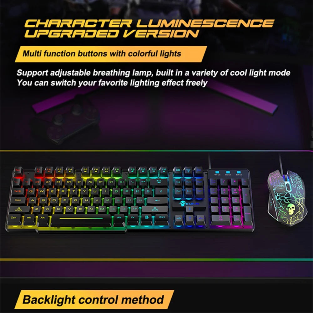 Gaming Keyboard Set Wired LED RBG Backlight 2400DPI 3-in-1 Mouse Mouse Pad Kits for Office Caring Computer Supplies