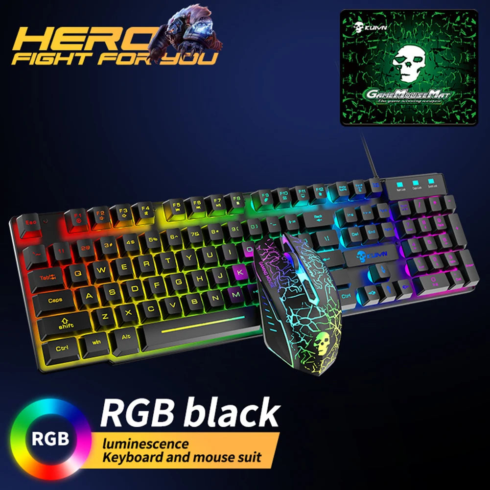 Gaming Keyboard Set Wired LED RBG Backlight 2400DPI 3-in-1 Mouse Mouse Pad Kits for Office Caring Computer Supplies