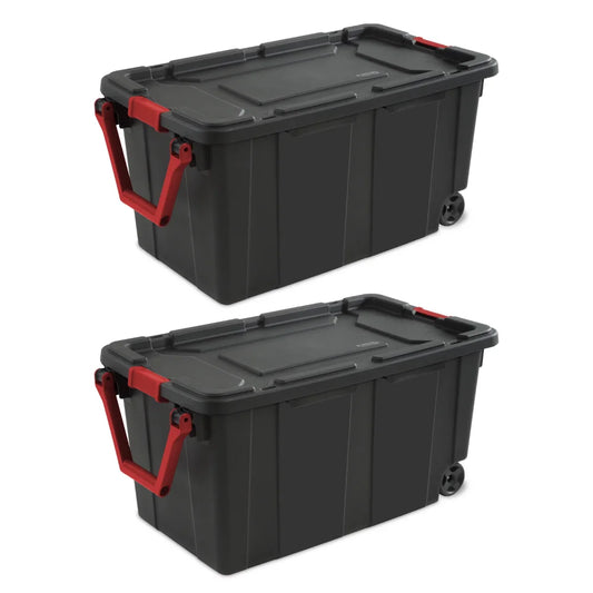 40 Gallon Wheeled Industrial Tote Plastic, Black, Set of 2 Storage Boxes