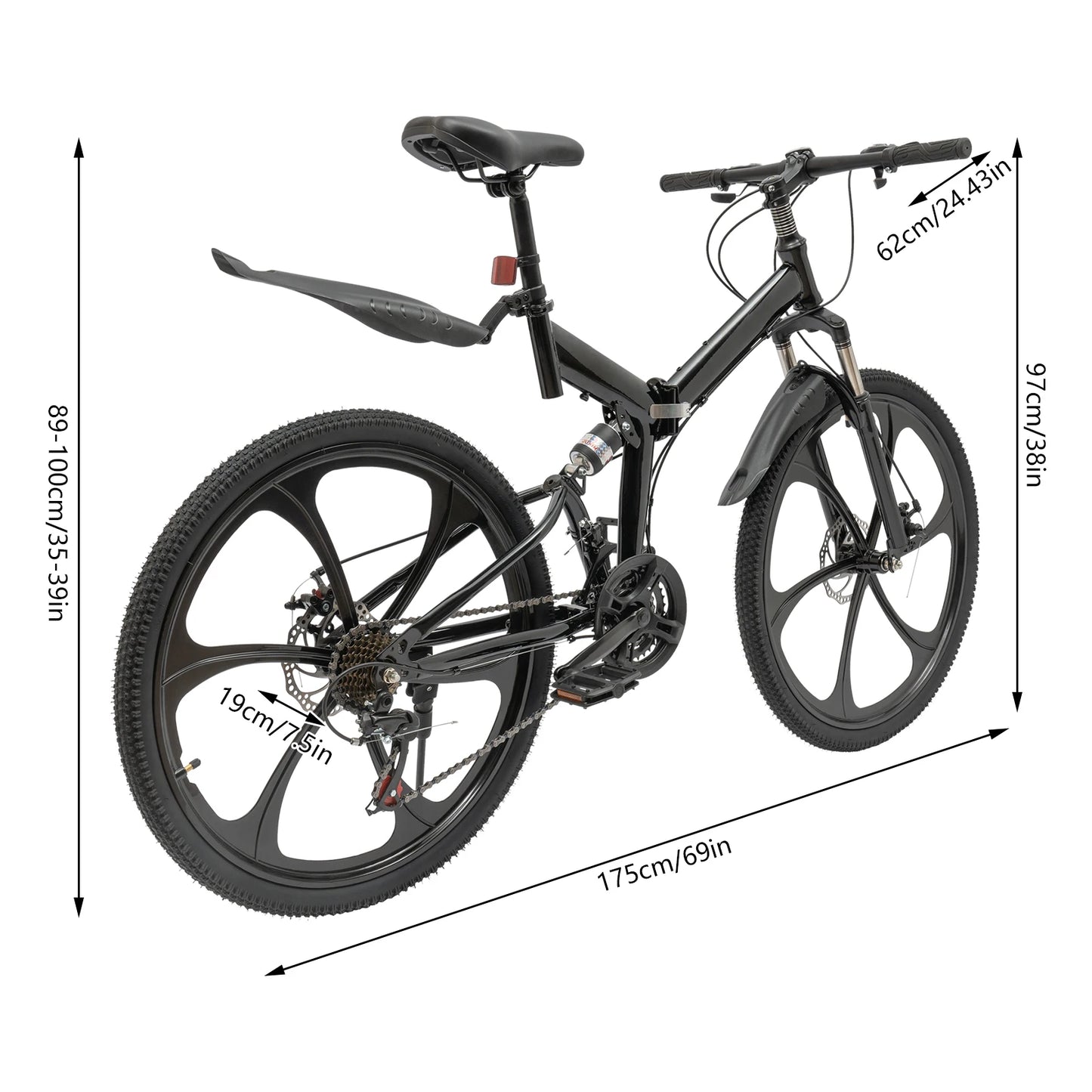 26inch Mountain Bike Folding Bicycle 21 Speed Carbon Steel Full Suspension Disc Brake Unisex MTB Black