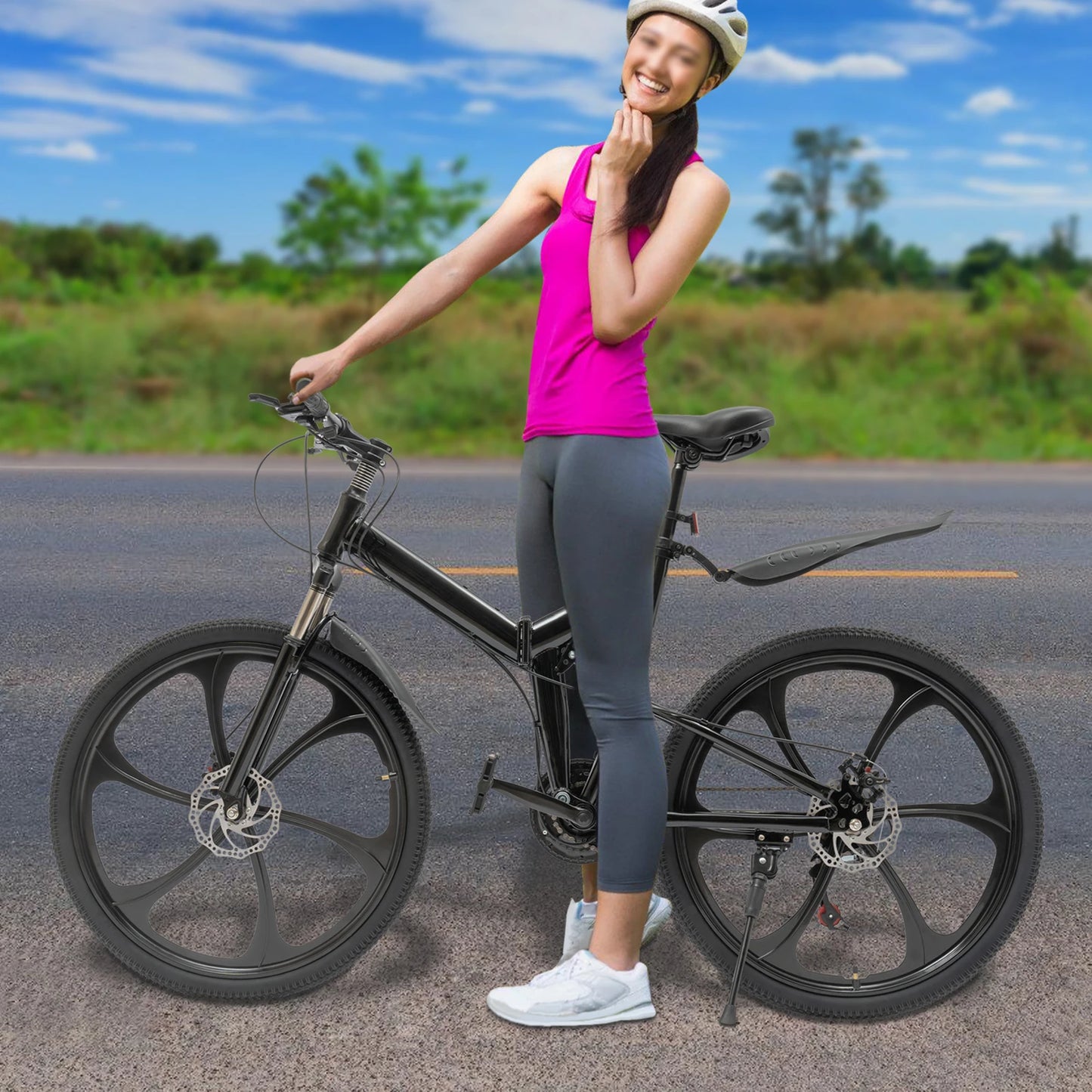 26inch Mountain Bike Folding Bicycle 21 Speed Carbon Steel Full Suspension Disc Brake Unisex MTB Black