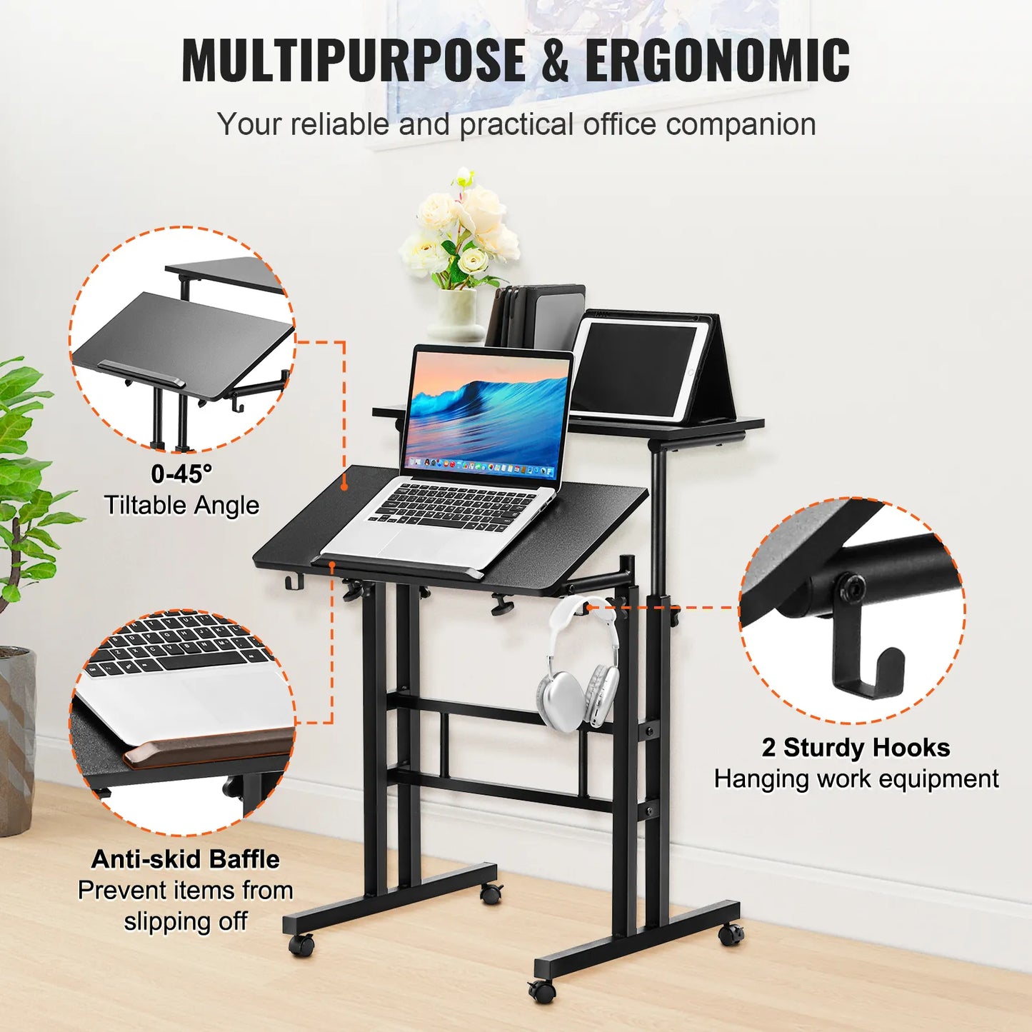 Adjustable Sit-Stand Desk  Home Office Rolling Laptop Table Tiltable