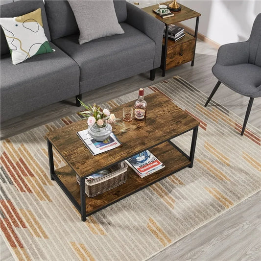 Alden Design Industrial Coffee Table with Storage Shelf, Rustic Brown