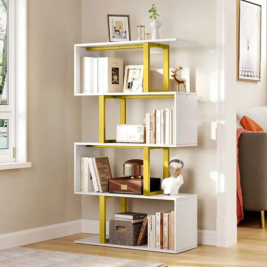 5-Tier Bookshelves and Bookcase, Z-Shelf Modern Freestanding Decorative Storage Shelves for Bedroom Living Room Home Office, Gold