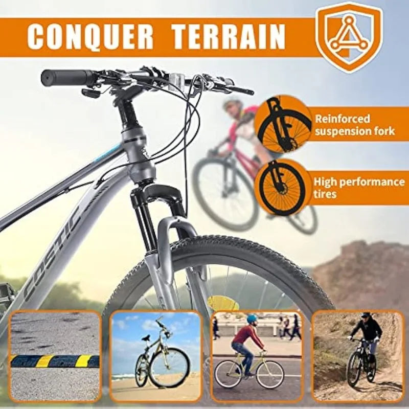 26 Inch Youth/Adult Mountain Bike,21 Speeds,Secure Frame 26 Inch Aluminum Wheels, Suspension Fork，with Dual Disc-Brake